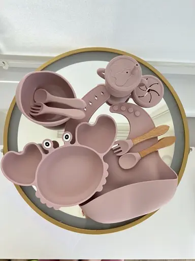 Набор детской силиконовой посуды для первого прикорма на присосках 9 предметов Краб Beige (18973) - фото 3