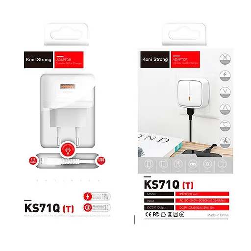 Сетевой адаптер KONI Strong Type-C cable KS71Q 3A набор белый - фото 3