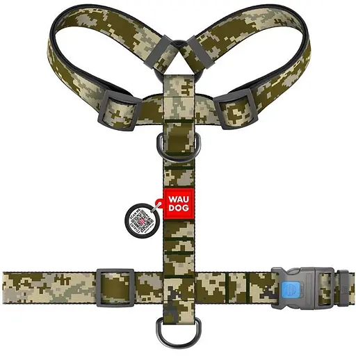 Шлея для собак Waudog Nylon анатомічна H-подібна з QR-паспортом, малюнок "Мілітарі", пластиковий фастекс, XL - фото 2