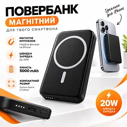 Магнітний повербанк 5000 мА·год MagSafe для iPhone та Android. Чорний - мініатюра 5
