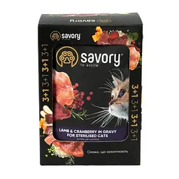 Набір вологих кормів Savory 3+1 для стерилізованих кішок, ягня з журавлиною в соусі, паучі, 4 шт. 85 г - мініатюра 3