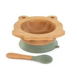 Дитяча бамбукова тарілка Miniland Wooden Bowl Frog, на присосці, з ложкою, коричневий із зеленим - мініатюра 2