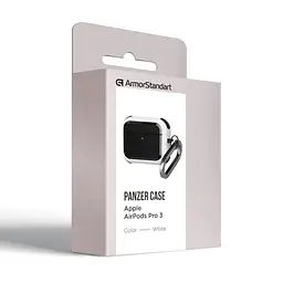 Чохол для навушників Apple AirPods Pro 3, білий, Panzer, протиударний захисний кейс з TPU та полікарбонату, посилені стінки, захист від подряпин, пилу та ударів, легкий та компактний, з карабіном для кріплення, ArmorStandart (ARM88290) - мініатюра 2