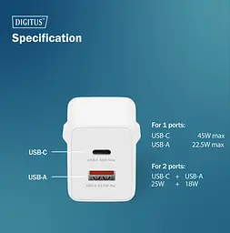 Digitus Зарядний пристрій GaN 1хUSB-C, 1хUSB-A, 45W - мініатюра 6
