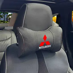 Подушка на підголівник з логотипом Mitsubishi Екошкіра 3D Кольоровий лого Чорна-Коричневий кант 1 шт
