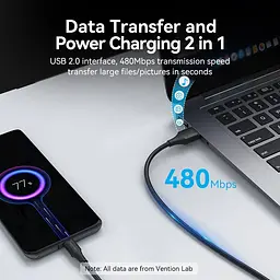 Кабель USB 2.0 AM-Type-CM, 3.0 м, 60W PVC чорний Vention - мініатюра 6