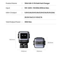 Зарядний пристрій Ugreen CD359 robot Gan 30w US-вилка + перехідник - мініатюра 6