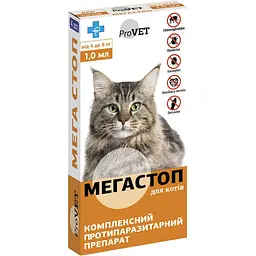 Уценка. Капли на холку для кошек ProVET Мега Стоп от внешних и внутренних паразитов от 4 до 8 кг 4 пипетки по 1 мл (PR020074)