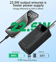 УМБ Choetech 40000mAh, 22,5W PD QC3.0, USB-C In/out, 2xUSB-A Li-pol чорна - мініатюра 4