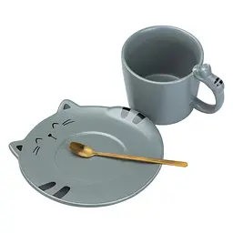 Чашка керамічна Happy Life Котики з блюдцем та ложкою сіра 250 мл HP7202G - мініатюра 2