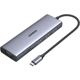 Концентратор Ugreen USB3.1 Type-C to HDMI/VGA/USB 3.0х3/RJ45/SD/TF/PD/35мм TRRS 100W 10-in-1 (15601)