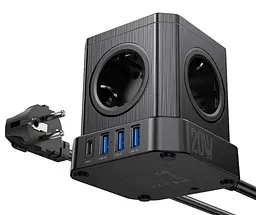 Мережевий зарядний пристрій подовжувач Hoco NS8 3 USB/Type-C 5 розеток 2 м - мініатюра 2