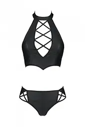 Комплект из эко-кожи: бра и трусики с имитацией шнуровки Passion Nancy Bikini, L/XL, черный - миниатюра 5