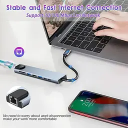Хаб USB type C HUB 8 in 1 PD100W 4K 30 Гц RJ45 USB 3.0 10 Гб/с - мініатюра 5