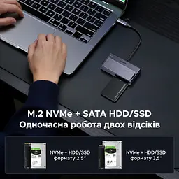 Адаптер HDD/SSD UGREEN D320 USB-C SATA 7+15 pin та M.2 M-Key одночасна робота M.2 NVMe і SATA до 10 Гбіт/с SATA HDD/SSD 2,5″/3,5″ M.2 NVMe M-Key/B+M-Key 2230/2240/2260/2280 для 3,5″ HDD потрібен комплектний блок 12 В/2 А Windows macOS Linux ChromeOS Plug-and-Play вимикач індикатор UASP S.M.A.R.T. TRIM перенесення SATA → M.2 за допомогою ПЗ магнітна кришка монтаж без інструментів вбудований кабель USB-C з перехідником USB-A 0,5 м сірий (75621EU) - мініатюра 2