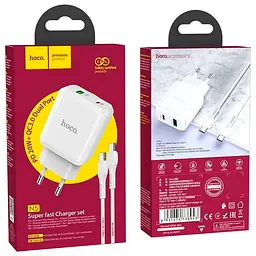 Мережевий зарядний пристрій Hoco N5 1USB + Type-C PD20W+QC 3A White + Cable Type-C to Lightning - мініатюра 4