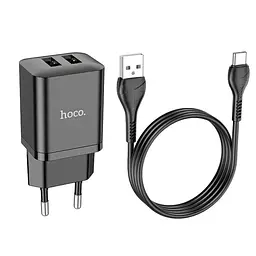 Адаптер мережевий HOCO Type-C Cable Maker dual port charger set N25 набір чорний 2USB - мініатюра 7