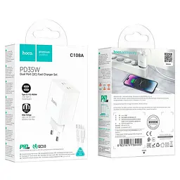 Адаптер мережевий HOCO Type-C to Lightning Cable Leader dual port(2C) charger C108A 2Type-C 35W білі - мініатюра 2