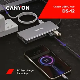 Порт-реплікатор Canyon DS-12, 13 in 1 USB-C hub, 2*HDMI, Gigabit Ethernet, VGA, 3*USB3.0, PD/100W, 3.5mm audio jack (CNS-TDS12) - мініатюра 3