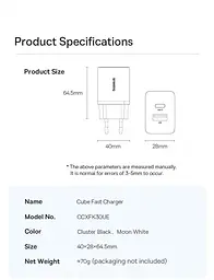 Блок живлення зарядний адаптер Baseus Cube Fast Charger 2 порти C + U 30 W (P10111404113-00) чорний - мініатюра 7