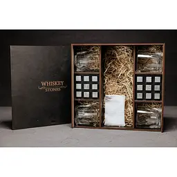 Подарунковий набір Whiskey Stones камені для віскі у дерев'яному пеналі №8 + 4 склянки Bormioli Rocco Selecta + щипці + мішечок - мініатюра 2