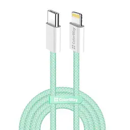 Кабель Type-C - Lightning, 1 м, зелений, ColorWay, 27 Вт, 3A, Braided Cotton (CW-CBPDCL061-G)