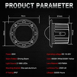 Фара додаткова Bi-LED Кругла 75x50 мм S-28 20W 10-80V W/Y 4 360 (Біле та Жовте Світло) - мініатюра 6
