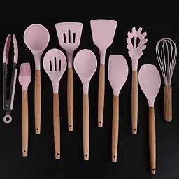 Кухонний набір Silikone Kitchen Set рожевий з силікону з бамбуковою ручкою з 12 предметів - мініатюра 5