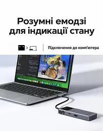 USB-C хаб UGREEN Uno CM889 6 в 1 3 USB-A 3.0 + 1 USB-C 3.0 для даних до 5 Гбіт/с HDMI до 4K 60 Гц / 2K 144 Гц / 1080p 240 Гц вхід USB-C PD 3.0 до 100 Вт хост до 90 Вт без споживача на виході PD або до 70 Вт із ним заряджання периферії через USB-C PD 3.0 до 20 Вт HDMI потребує USB-C хоста з DisplayPort Alt Mode кнопка ввімкнення/вимкнення HDMI LED-дисплей стану підключень дублювання/розширення без драйверів сірий із чорною панеллю (75177) - мініатюра 10