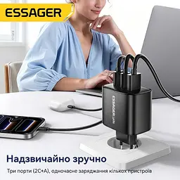 Зарядний пристрій Essager GaN 65W, 2 x USB-C+USB-A (ES-X57), EU, чорний - мініатюра 6