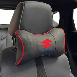 Подушка на підголівник з логотипом Suzuki Екошкіра 3D Кольоровий лого Чорна-Червоний кант 1 шт