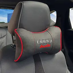 Подушка на підголівник з логотипом Audi Екошкіра 3D Кольоровий лого Чорна-Червоний кант 1 шт