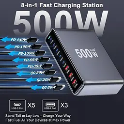 Мережева зарядна станція ILEPO 500W на 2 USB+6 Type-C мультизарядний пристрій потужний блок живлення Black (19339) - мініатюра 4