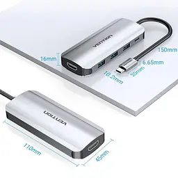 Док-станція USB3.1 Type-C - HDM/USB 3.0х3//PD 100W 5-in-1 Vention (THFHB) - мініатюра 5