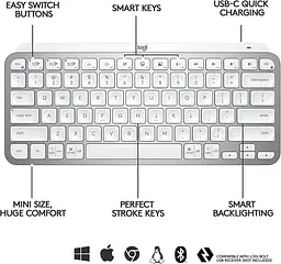 Клавіатура Logitech MX Keys мінімалістська та бездротова з підсвічуванням, компактна, Bluetooth, підсвічування Б\в - мініатюра 3