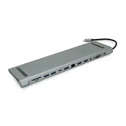 Хаб-конвертор Voltronic 12 в 1 Type-C (тато) на Type-C(мама)+2*USB2.0(мама)+USB3.0(мама)+2*HDMI(мама)+VGA(мама)+SD/TF+RJ45+ jack3.5 (мама)+PD, 10cm, Silver, Box - мініатюра 4