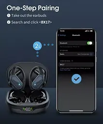 Бездротові спортивні Bluetooth навушники TWS BX17, водонепроникні, з індикатором заряду Чорні - мініатюра 5