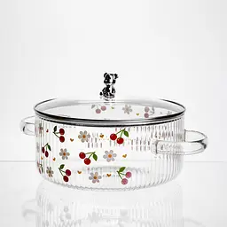 Каструля скляна  Yiwu  Cherry 2.4 л з кришкою та металевим ведмедиком біла Yiwu HP-GP-27 - мініатюра 4
