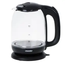 Скляний електрочайник Mesko MS 1302 Black, 1,7 л, 2200 Вт, з LED-підсвіткою, прихований нагрівальний елемент, чорний