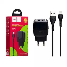 Мережевий зарядний пристрій 2 USB порта HOCO C77A Highway 2.4A Lightning Чорний