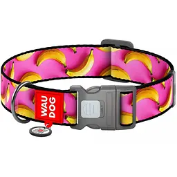 Нашийник для собак нейлоновий Waudog Nylon з QR паспортом малюнок Банани на рожевому L 