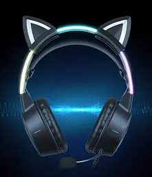 Накладні ігрові навушники Onikuma X15 Pro дротові з гарнітурою і котячими вушками та RGB-підсвіткою чорні - мініатюра 5
