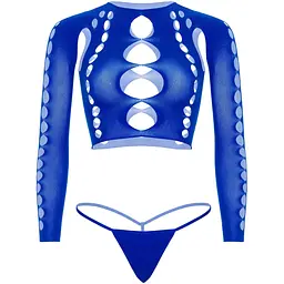 Комплект Leg Avenue Long sleeve crop top & stRing Royal Blue One Size, топ, стрінги - мініатюра 3