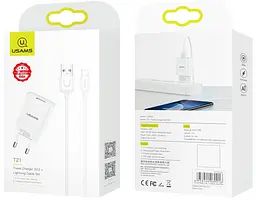 Сітчасте зарядне пристрій Usams T21 KiT T18 single USB-A 2.1A with U Turn Lightning cable Білий - мініатюра 2