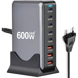 Зарядна станція ILEPO 600W багатопортова на 3 USB + 5 Type-C / мережевий мультизарядний пристрій Black (19027) - мініатюра 2