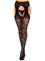 Стрип-колготки Leg Avenue Eyelet lace suspender hose, One Size, чорні, ажурні, з відкритим доступом - мініатюра 5