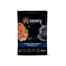 Вологий корм Savory для дорослих кішок, лосось з горошком у соусі, пауч, 85 г