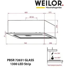 Витяжка вбудована Weilor PBSR 72651 Glass WH 1300 LED Strip - мініатюра 12