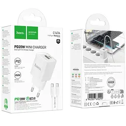 МЗП Hoco C147A PD20W+QC3.0 (1USB-A/1C) + кабель Type-C to Type-C White - мініатюра 6