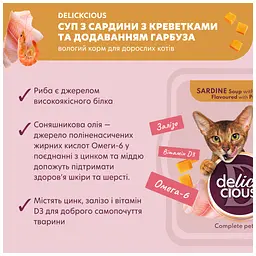Вологий корм для кішок Delickcious Суп з сардини з креветками та додаванням гарбуза 80 г (4820269141568) - мініатюра 3